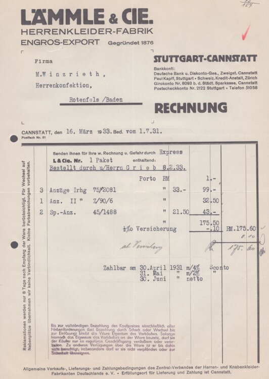 Lämmle und Cie Herrenkleiderfabrik - Rechnung - 16.04.1933