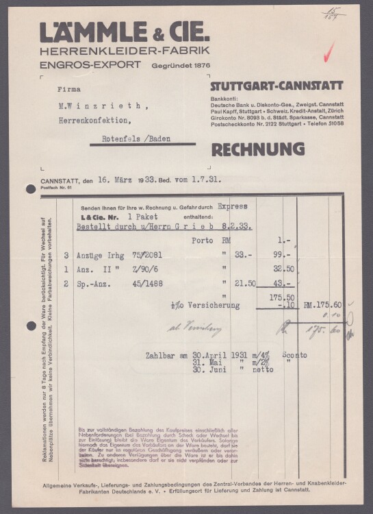 Lämmle und Cie Herrenkleiderfabrik - Rechnung - 16.04.1933