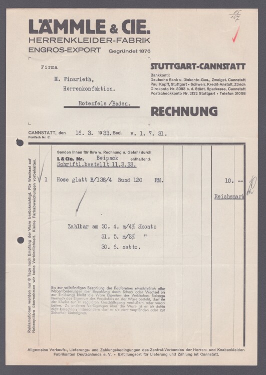 Lämmle und Cie Herrenkleiderfabrik - Rechnung - 16.03.1933