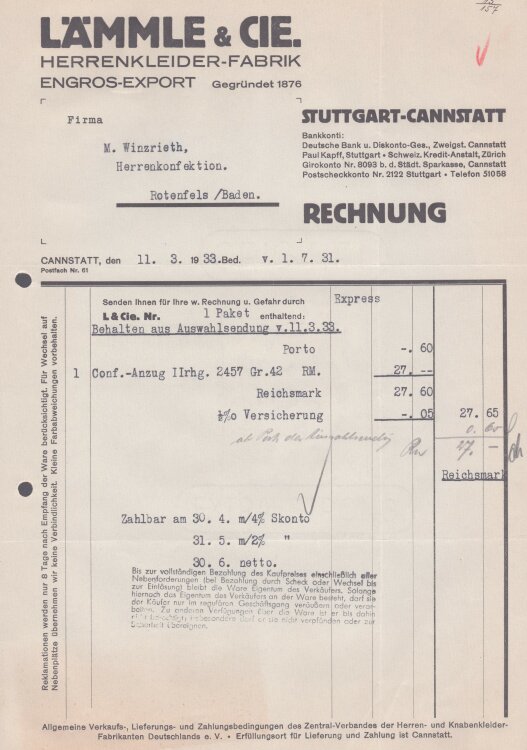 Lämmle und Cie Herrenkleiderfabrik - Rechnung - 11.03.1933