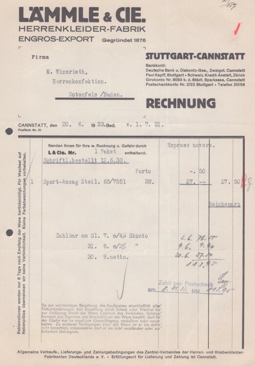 Lämmle und Cie Herrenkleiderfabrik - Rechnung - 20.06.1933