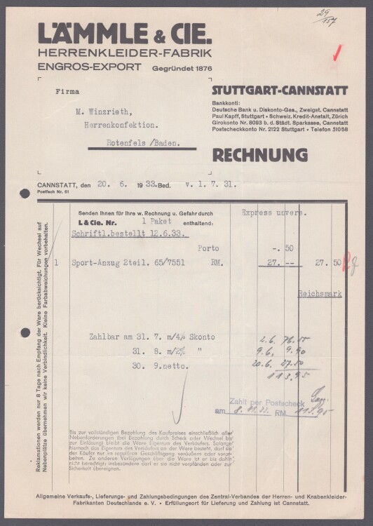 Lämmle und Cie Herrenkleiderfabrik - Rechnung - 20.06.1933