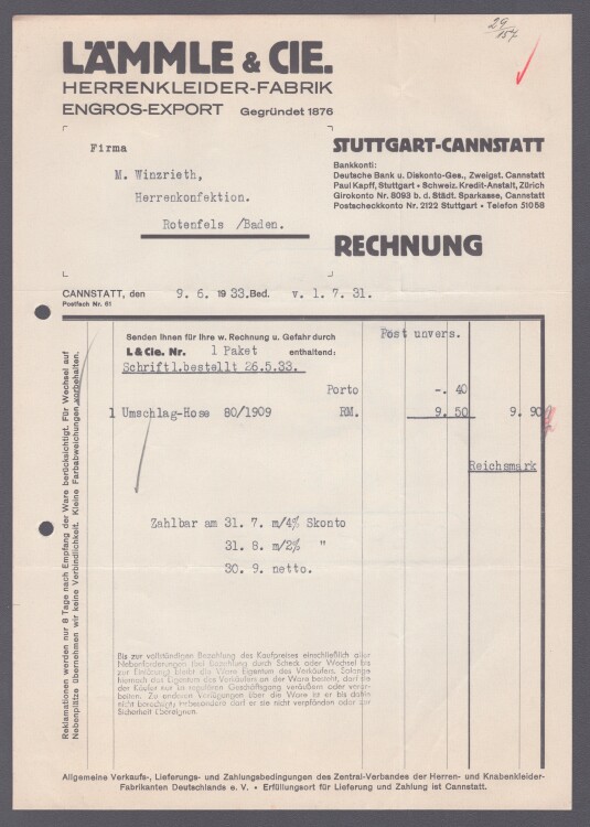 Lämmle und Cie Herrenkleiderfabrik - Rechnung - 09.06.1933
