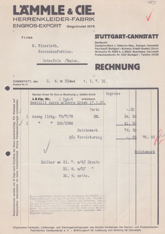 Lämmle und Cie Herrenkleiderfabrik - Rechnung - 02.06.1933