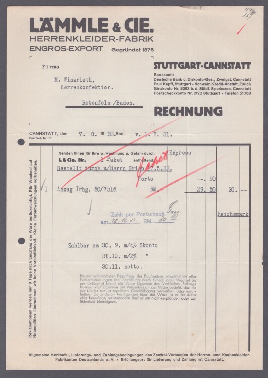Lämmle und Cie Herrenkleiderfabrik - Rechnung - 01.07.1931