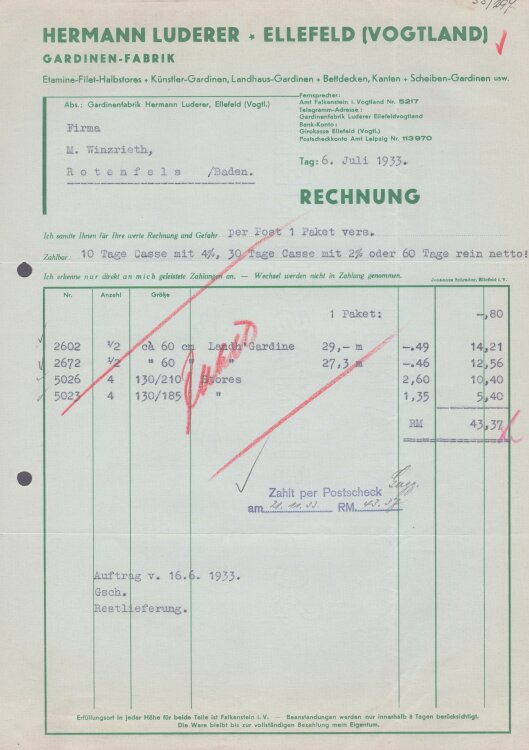 Hermann Luderer Gardinenfabrik - Rechnung - 06.07.1933