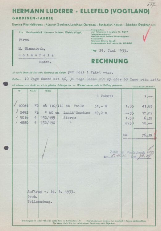 Hermann Luderer Gardinenfabrik - Rechnung - 29.06.1933