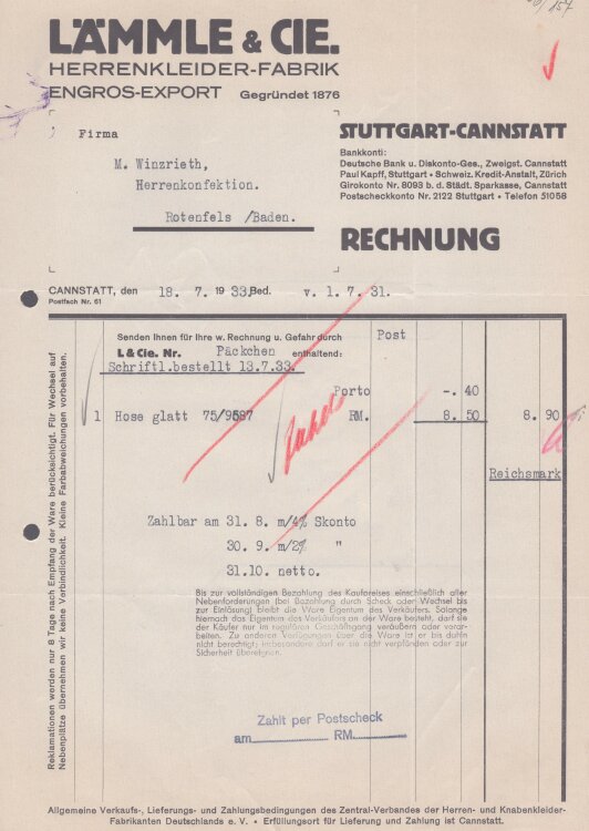 Lämmle und Cie Herrenkleiderfabrik - Rechnung - 18.07.1931