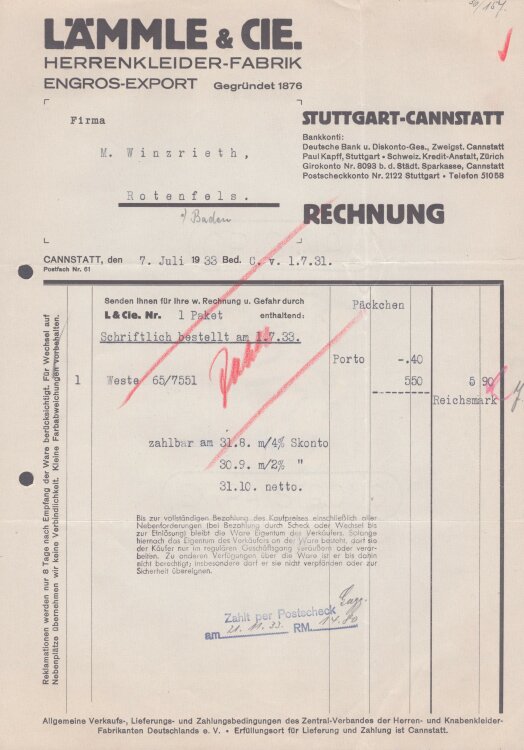 Lämmle und Cie Herrenkleiderfabrik - Rechnung - 07.07.1933