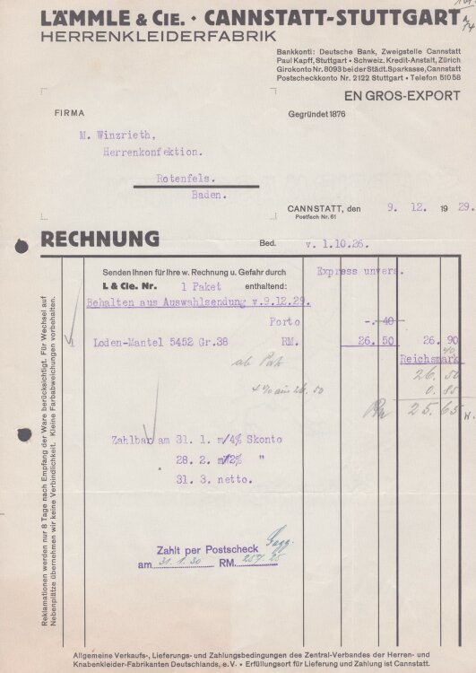 Lämmle und Cie Herrenkleiderfabrik - Rechnung - 09.12.1929