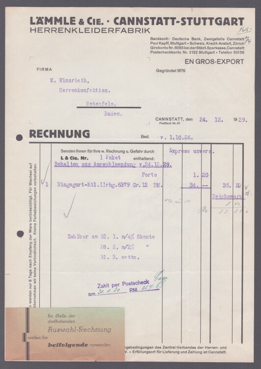 Lämmle und Cie Herrenkleiderfabrik - Rechnung - 24.12.1929