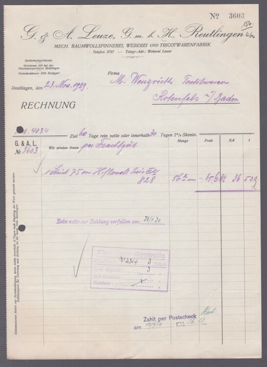 G. & A. Leuze GmbH - Rechnung - 23.11.1929