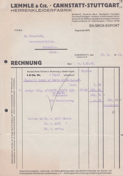 Lämmle und Cie Herrenkleiderfabrik - Rechnung - 21.03.1929
