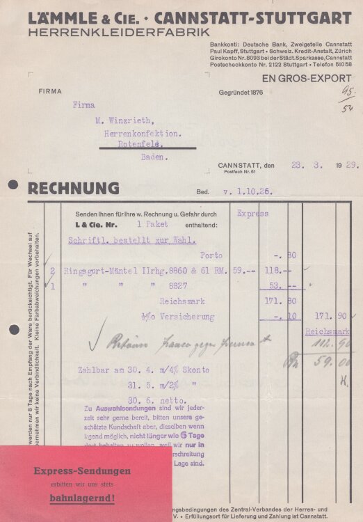 Lämmle und Cie Herrenkleiderfabrik - Rechnung - 23.03.1929