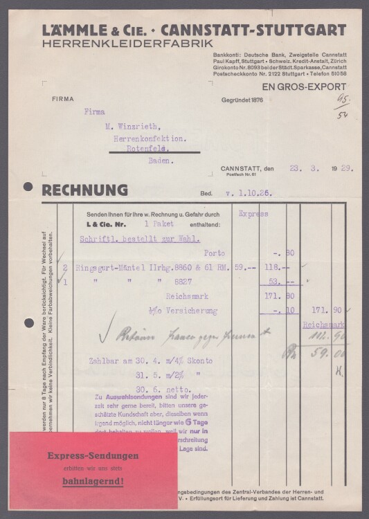 Lämmle und Cie Herrenkleiderfabrik - Rechnung - 23.03.1929