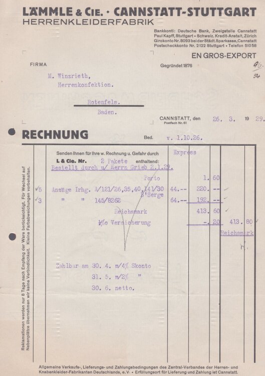 Lämmle und Cie Herrenkleiderfabrik - Rechnung - 26.03.1929