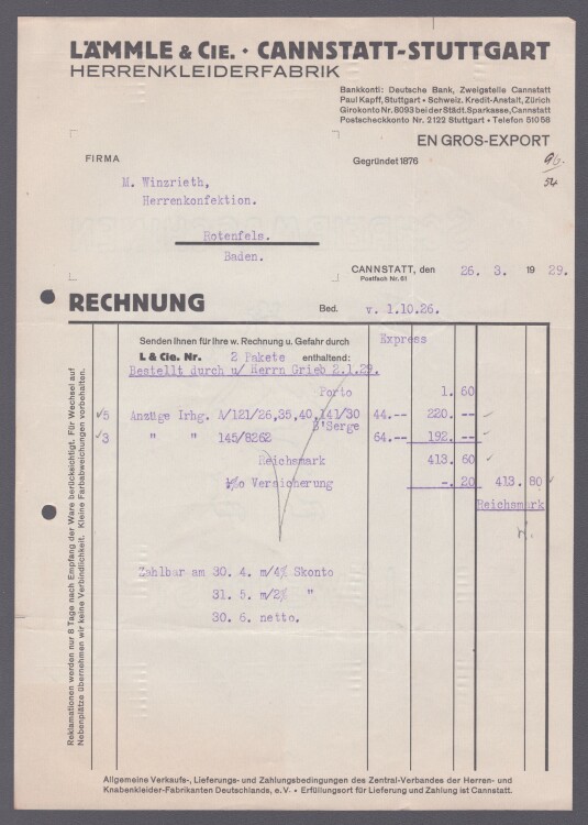 Lämmle und Cie Herrenkleiderfabrik - Rechnung - 26.03.1929