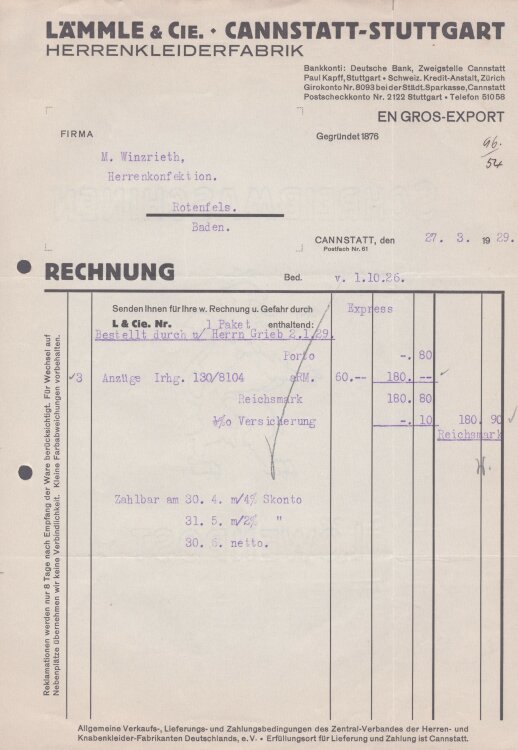 Lämmle und Cie Herrenkleiderfabrik - Rechnung - 27.03.1929