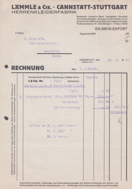 Lämmle und Cie Herrenkleiderfabrik - Rechnung - 28.03.1929