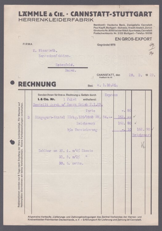 Lämmle und Cie Herrenkleiderfabrik - Rechnung - 28.03.1929