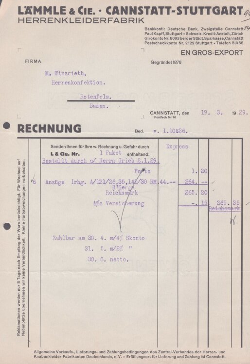 Lämmle und Cie Herrenkleiderfabrik - Rechnung - 19.03.1929