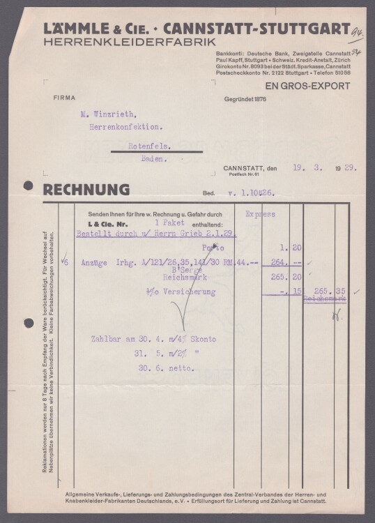 Lämmle und Cie Herrenkleiderfabrik - Rechnung - 19.03.1929