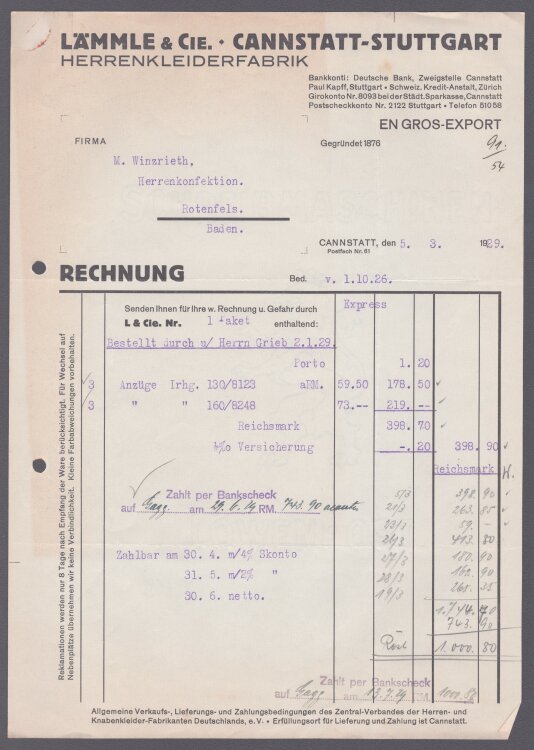 Lämmle und Cie Herrenkleiderfabrik - Rechnung - 05.03.1929