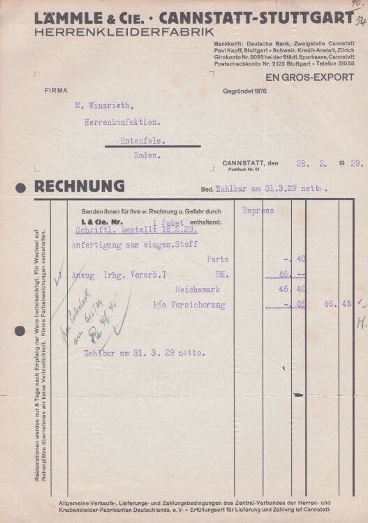 Lämmle und Cie Herrenkleiderfabrik - Rechnung - 28.02.1929