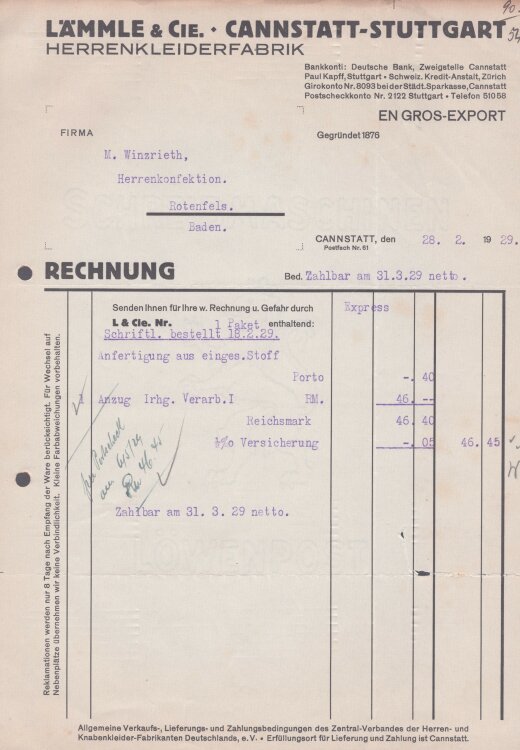 Lämmle und Cie Herrenkleiderfabrik - Rechnung - 28.11.1930