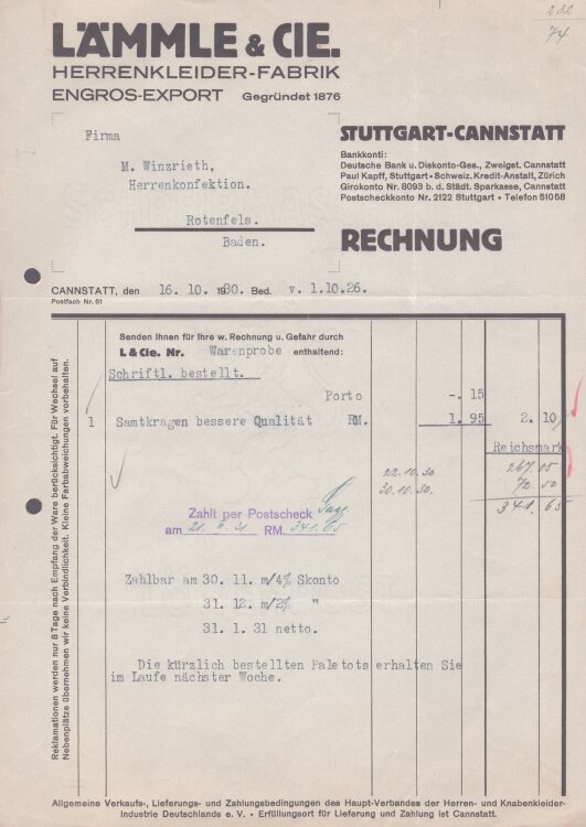 Lämmle und Cie Herrenkleiderfabrik - Rechnung - 16.10.1930