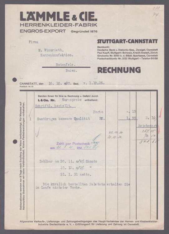 Lämmle und Cie Herrenkleiderfabrik - Rechnung - 16.10.1930