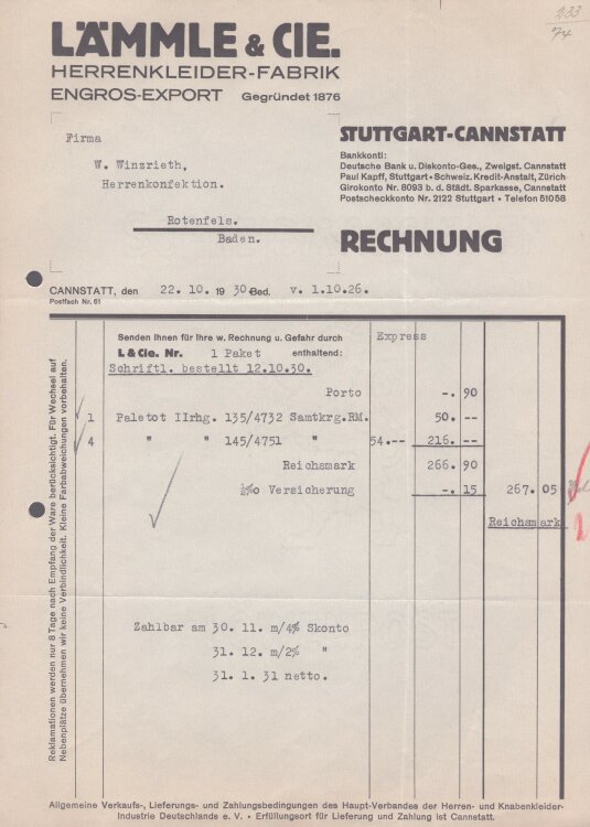 Lämmle und Cie Herrenkleiderfabrik - Rechnung - 22.10.1930
