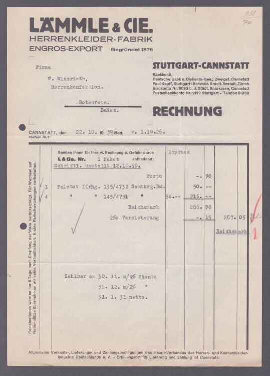 Lämmle und Cie Herrenkleiderfabrik - Rechnung - 22.10.1930