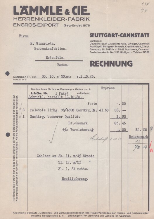 Lämmle und Cie Herrenkleiderfabrik - Rechnung - 30.10.1930