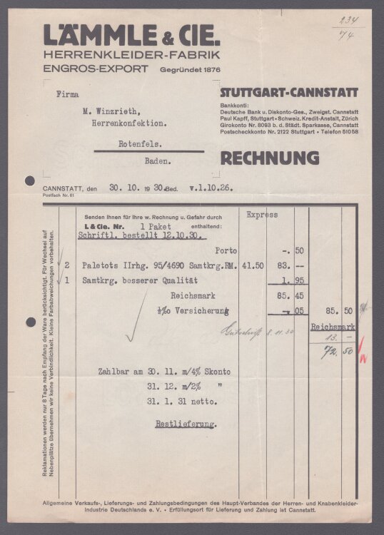 Lämmle und Cie Herrenkleiderfabrik - Rechnung - 30.10.1930