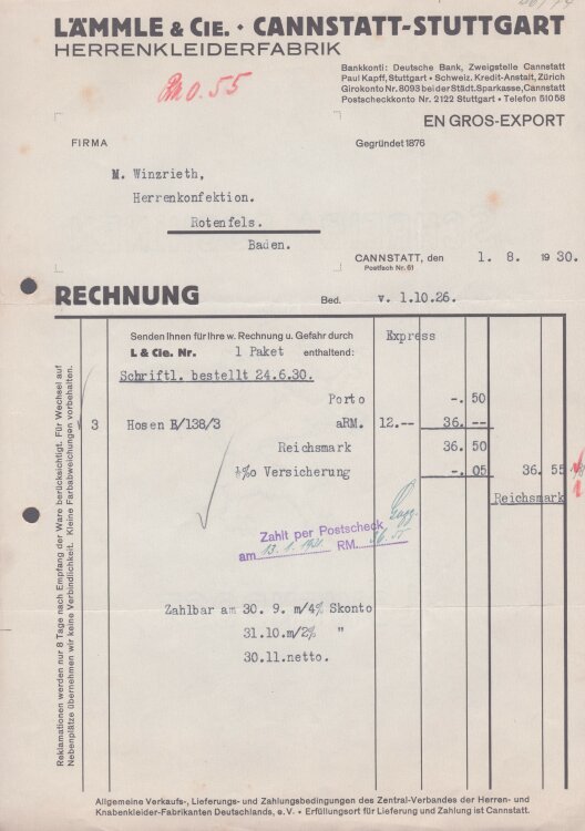 Lämmle und Cie Herrenkleiderfabrik - Rechnung - 01.08.1930