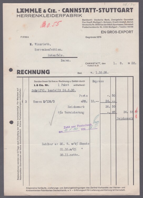 Lämmle und Cie Herrenkleiderfabrik - Rechnung - 01.08.1930