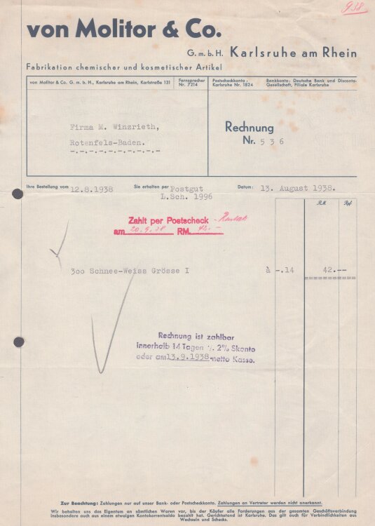 von Molito & Co. GmbH - Rechnung - 13.08.1938