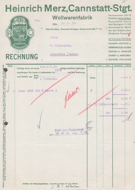 Heinrich Merz Wollwarenfabrik - Rechnung - 08.08.1933