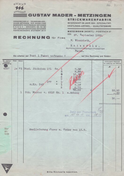 Gustav Mader Strickwarenfabrik - Rechnung - 27.09.1933