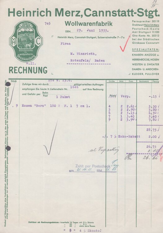 Heinrich Merz Wollwarenfabrik - Rechnung - 29.06.1933