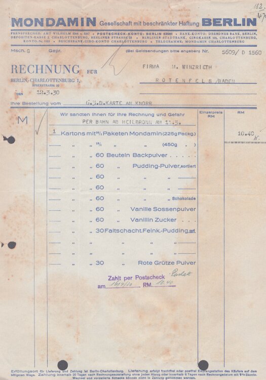Mondmin GmbH - Rechnung - 12.03.1930