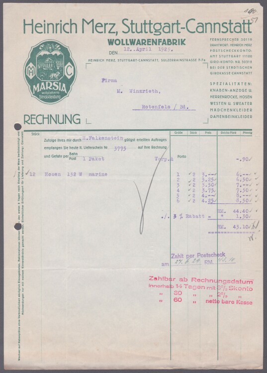 Heinrich Merz Wollwarenfabrik - Rechnung - 12.04.1929