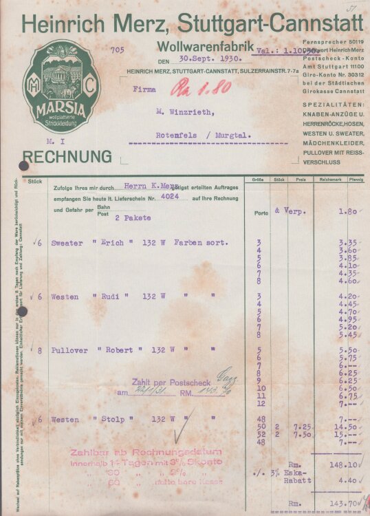 Heinrich Merz Wollwarenfabrik - Rechnung - 30.09.1930