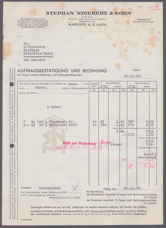 Stephan Niderehe & Sohn GmbH - Rechnung - 26.11.1938