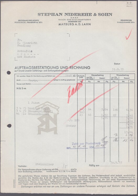Stephan Niderehe & Sohn GmbH - Rechnung - 31.08.1933