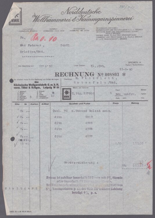 Norddeutsche Wollkämmerei & Kammgarnspinnerei - Rechnung - 11.09.1930