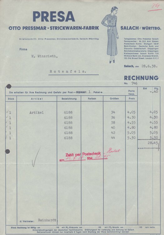 Presa Otto Pressmar Strickwarenfabrik - Rechnung - 28.06.1930