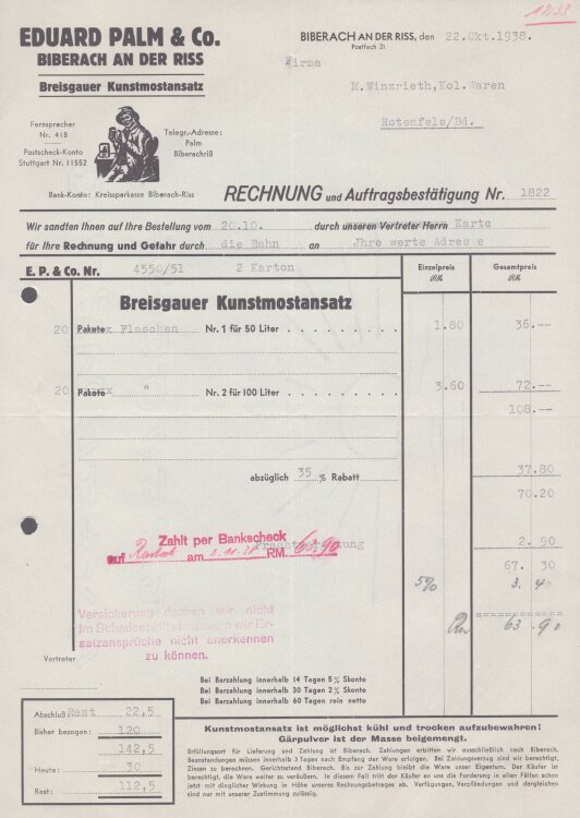 Eduard Palm & Co - Rechnung - 22.10.1938