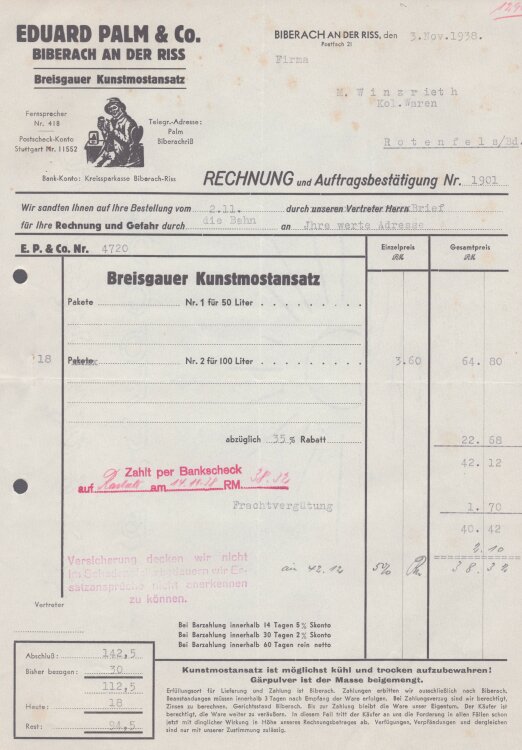Eduard Palm & Co - Rechnung - 03.11.1938